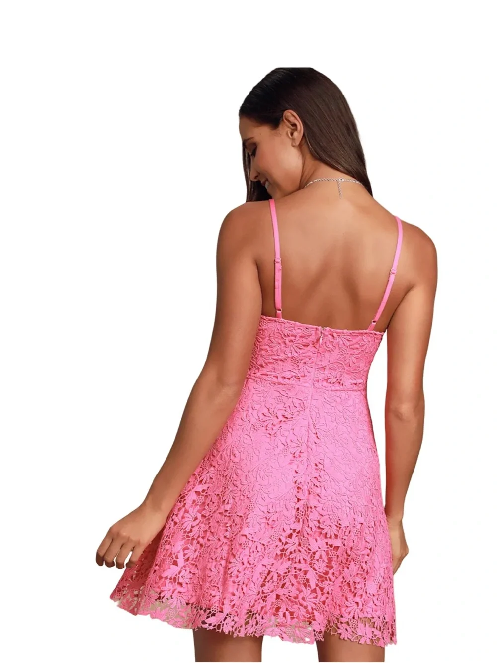 Lulu’s So Into You Hot Pink Crochet Lace Bustier Skater Dress-NWT-Small - Picture 4 of 10